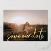 名前スタイリッシュ写真モダン金ゴールド救日付 箔招待状 (正面)