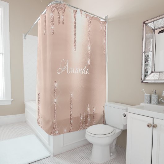 名前スパークリーグリッタードリップ赤面バラ金ゴールドホワイト シャワーカーテン (インサイチュ)