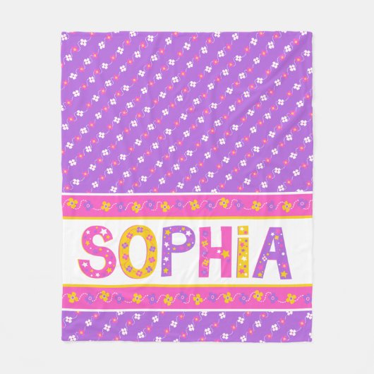 名前ソフィアのピンクの黄色の紫色の花星 フリースブランケット (正面)