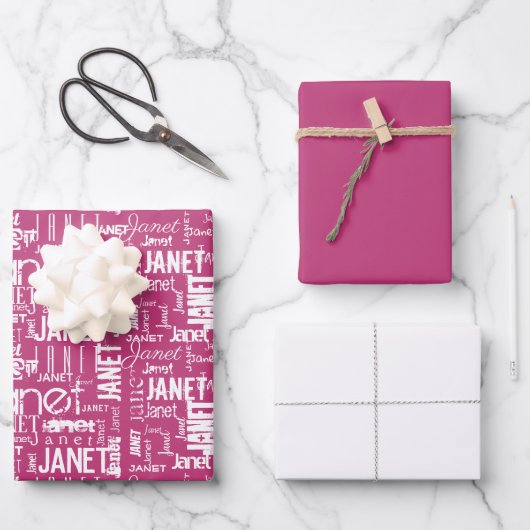 名前タイポグラフィピンクホワイトワードクラウド ラッピングペーパーシート (正面)