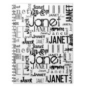 名前タイポグラフィ白黒Wordクラウド ノートブック (正面)