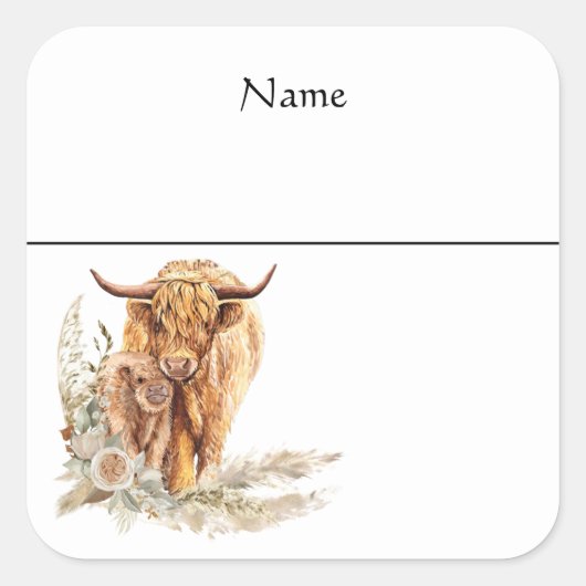 名前タグベビーシャワーベビーハイランドカウカーフ スクエアシール (正面)