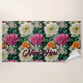 名前タペストリーイラストレーションピンク白金ゴールド花 ビーチタオル (正面)