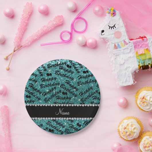 名前ターコイズグリッターハッピーバースデーバルーン ペーパープレート (パーティー)