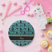 名前ターコイズグリッターフィールドホッケーハートの弓 ペーパープレート (パーティー)