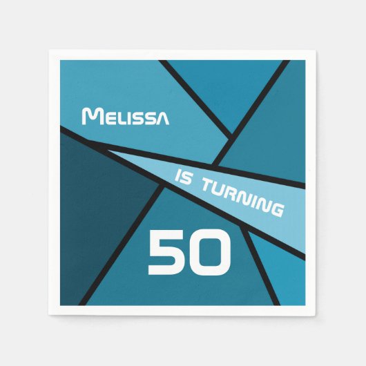名前ターニング50誕生日抽象芸術ティール（緑がかった色）幾何学的 スタンダードカクテルナプキン (正面)
