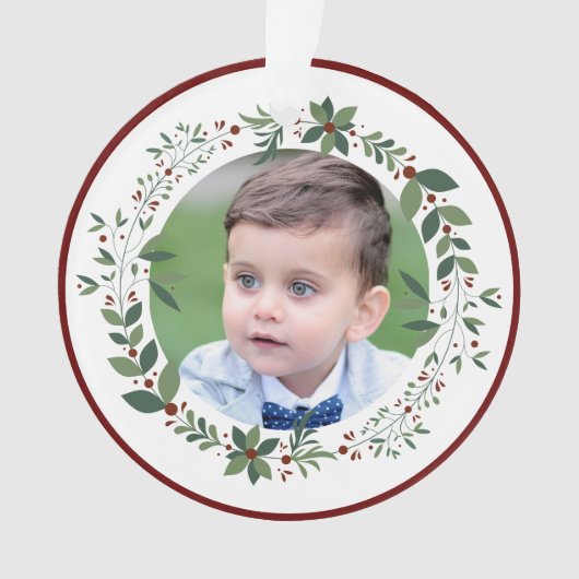 名前チャイルドの写真ブルゴーニュのクリスマスリース オーナメント (正面)