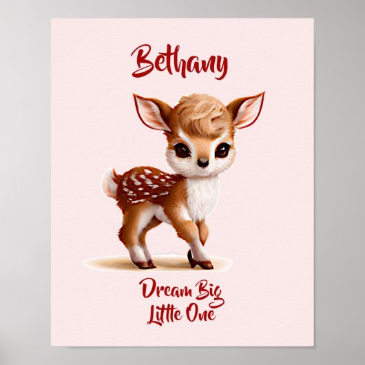 名前テキストを追加, かわいい鹿の赤ちゃん - ピンクの背景に鹿  ポスター (正面)
