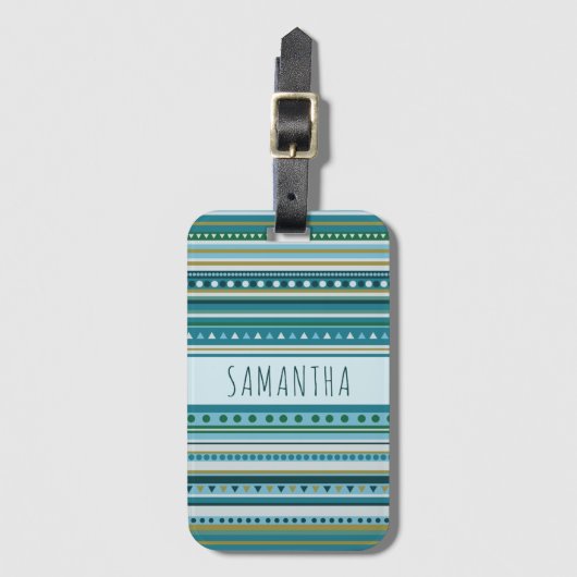 名前トライバルティール(緑がかった色)ブルーストライプラゲッジパターンラゲッジタグ ラゲッジタグ (正面縦)