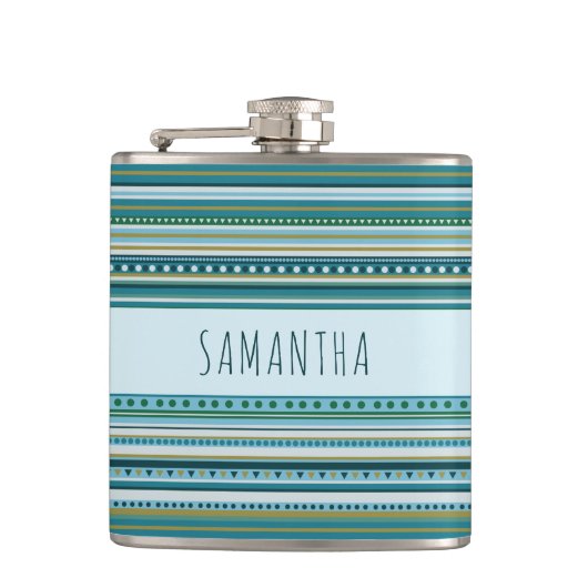 名前トライバルティール（緑がかった色）ブルーパターンビニール包まれたフラスコ フラスク (正面)