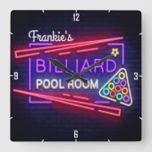 名前ネオンパーソナライズされたスタイルビリヤード台 スクエア壁時計 (正面)