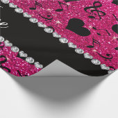 名前ネオンホットピンクグリッターミュージックノートハート ラッピングペーパー (角)