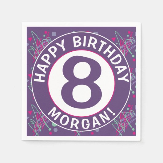 名前ハッピーバースデーエージパープルティール(緑がかった色)ピンクの図形 スタンダードカクテルナプキン (正面)