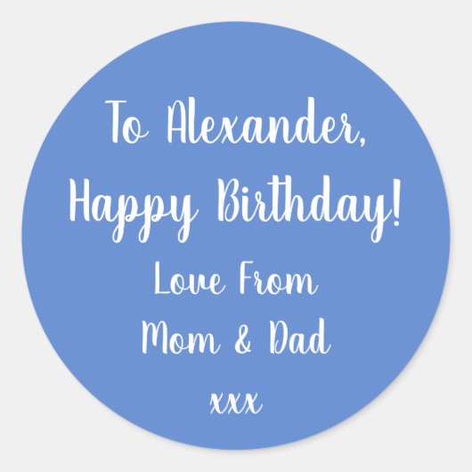 名前ハッピーバースデーパステルブルーギフトラベル ラウンドシール (正面)