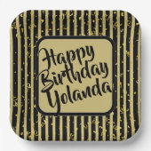 名前ハッピーバースデーブラック/金ゴールドストライプパターン ペーパープレート (正面)