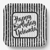 名前ハッピーバースデー白黒ストライプパターン ペーパープレート (正面)