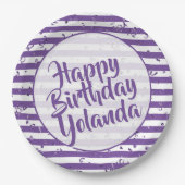 名前ハッピーバースデー紫シンプルのストライプ ペーパープレート (正面)