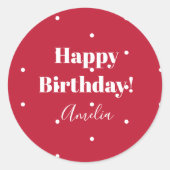 名前ハッピーバースデー赤い水玉模様ギフトラベル ラウンドシール (正面)