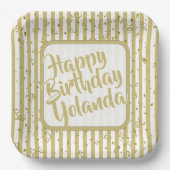 名前ハッピーバースデー金ゴールド白ストライプ文字パターン ペーパープレート (正面)
