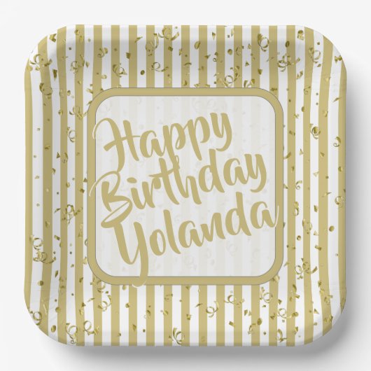 名前ハッピーバースデー金ゴールド白ストライプ文字パターン ペーパープレート (正面)