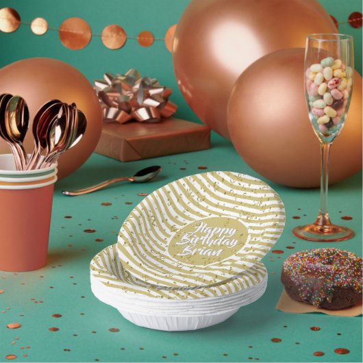 名前ハッピーバースデー黄シンプル色ストライプ ペーパーボウル (複数)