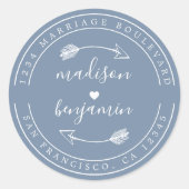 名前ハート矢印結婚青の差出人住所 ラウンドシール (正面)