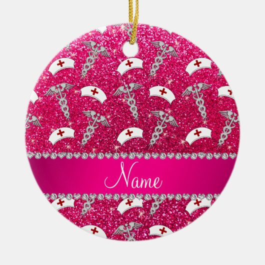 名前バラピンクグリッターナース帽子シルバーカドゥセウス セラミックオーナメント (正面)