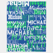 名前パターンブルーグリーンスタンピングアロバー フリースブランケット (正面)