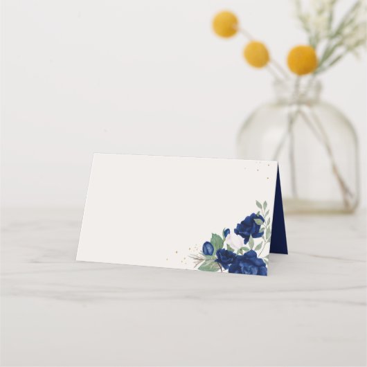 名前パネ王室のル付きの青とアイボリーのバラ プレイスカード (裏面)