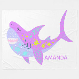 名前パーソナライズされたかわいいカラフルシャークパープル フリースブランケット