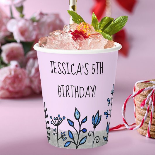 名前パーソナライズされたかわいいグレーブルー&パープルフローラ 紙コップ