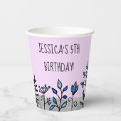 名前パーソナライズされたかわいいグレーブルー&パープルフローラ 紙コップ (正面)