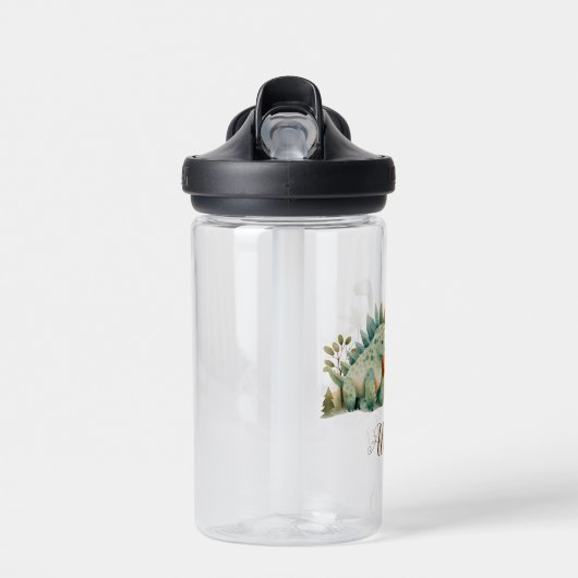 名前パーソナライズされたかわいい水彩恐竜 ウォーターボトル (正面)