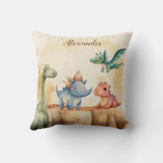 名前パーソナライズされたかわいい水彩恐竜 クッション (裏面)