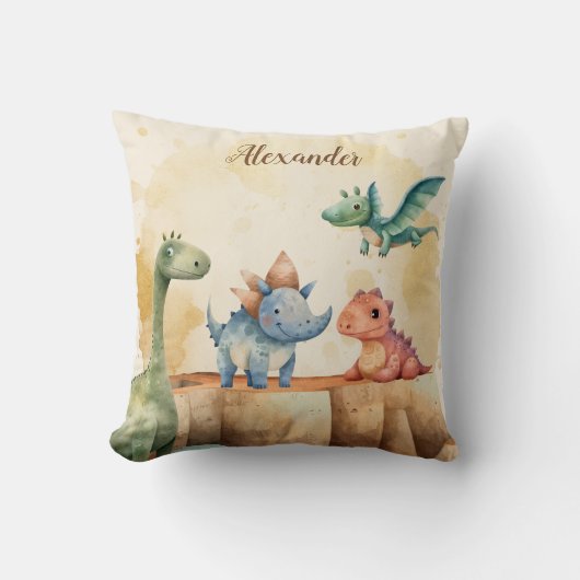 名前パーソナライズされたかわいい水彩恐竜 クッション (正面)