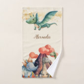 名前パーソナライズされたかわいい水彩恐竜 バスタオルセット (ハンドタオル)