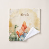 名前パーソナライズされたかわいい水彩恐竜 バスタオルセット (ウォッシュタオル)