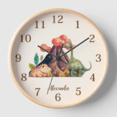 名前パーソナライズされたかわいい水彩恐竜 壁時計 (正面)