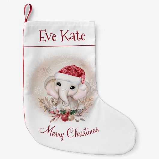 名前パーソナライズされたかわいい象の女の子赤い白 スモールクリスマスストッキング (正面)
