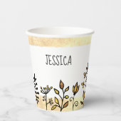 名前パーソナライズされたかわいい金ゴールドホワイト&ブラックフローラ 紙コップ (正面)