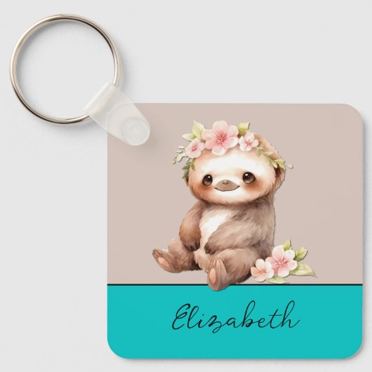 名前パーソナライズされたかわいいsloth 1フォトターコイズ キーホルダー (正面)