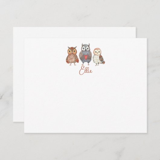 名前パーソナライズされたと水色フクロウ ノートカード (正面/裏面)
