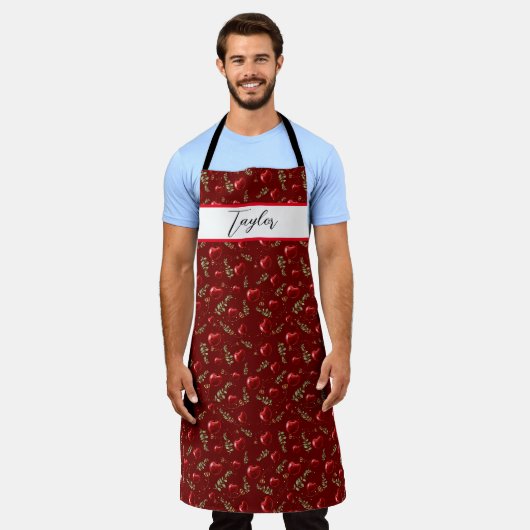 名前パーソナライズされたのみさくらんぼパターン エプロン (着用した状態)