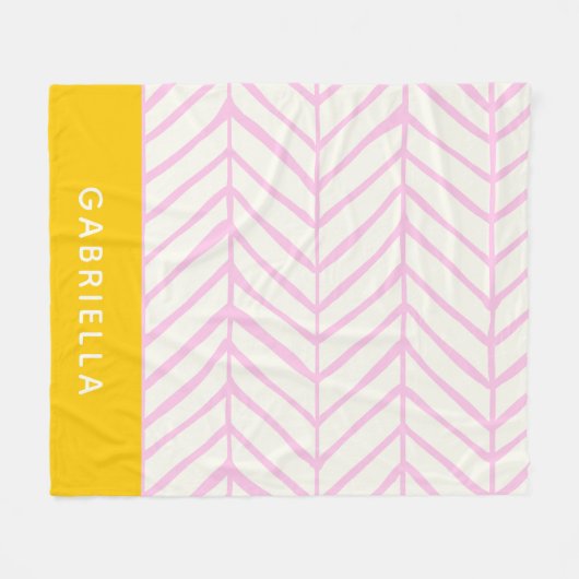 名前パーソナライズされたはっきりしたピンク黄色の山形の線 フリースブランケット (正面(横))