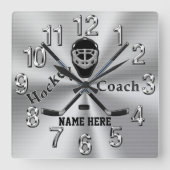 名前パーソナライズされたまたは文字のホッケーコーチのギフト スクエア壁時計 (正面)