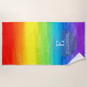名前パーソナライズされたイニシャルレインボーウォーター色 ビーチタオル (正面)