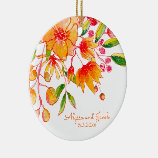 名前パーソナライズされたオレンジ色のフローラ結婚の日付 セラミックオーナメント (右)