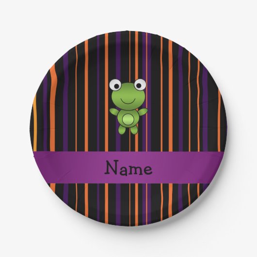 名前パーソナライズされたカエルのハロウィンストライプ ペーパープレート (正面)