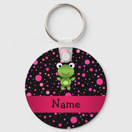 名前パーソナライズされたカエル黒ピンク水玉模様 キーホルダー (正面)