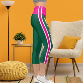 名前パーソナライズされたカスタムホワイトピンクハンターグリーン カプリレギンス